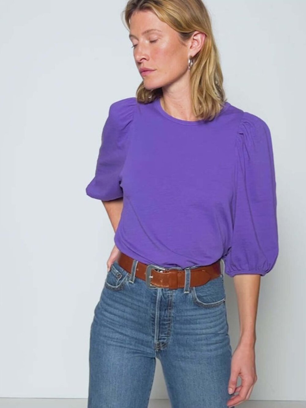 Nation Ltd Women Evita Balloon Sleeve Top in Bright Violet MSRP $141. Size Large